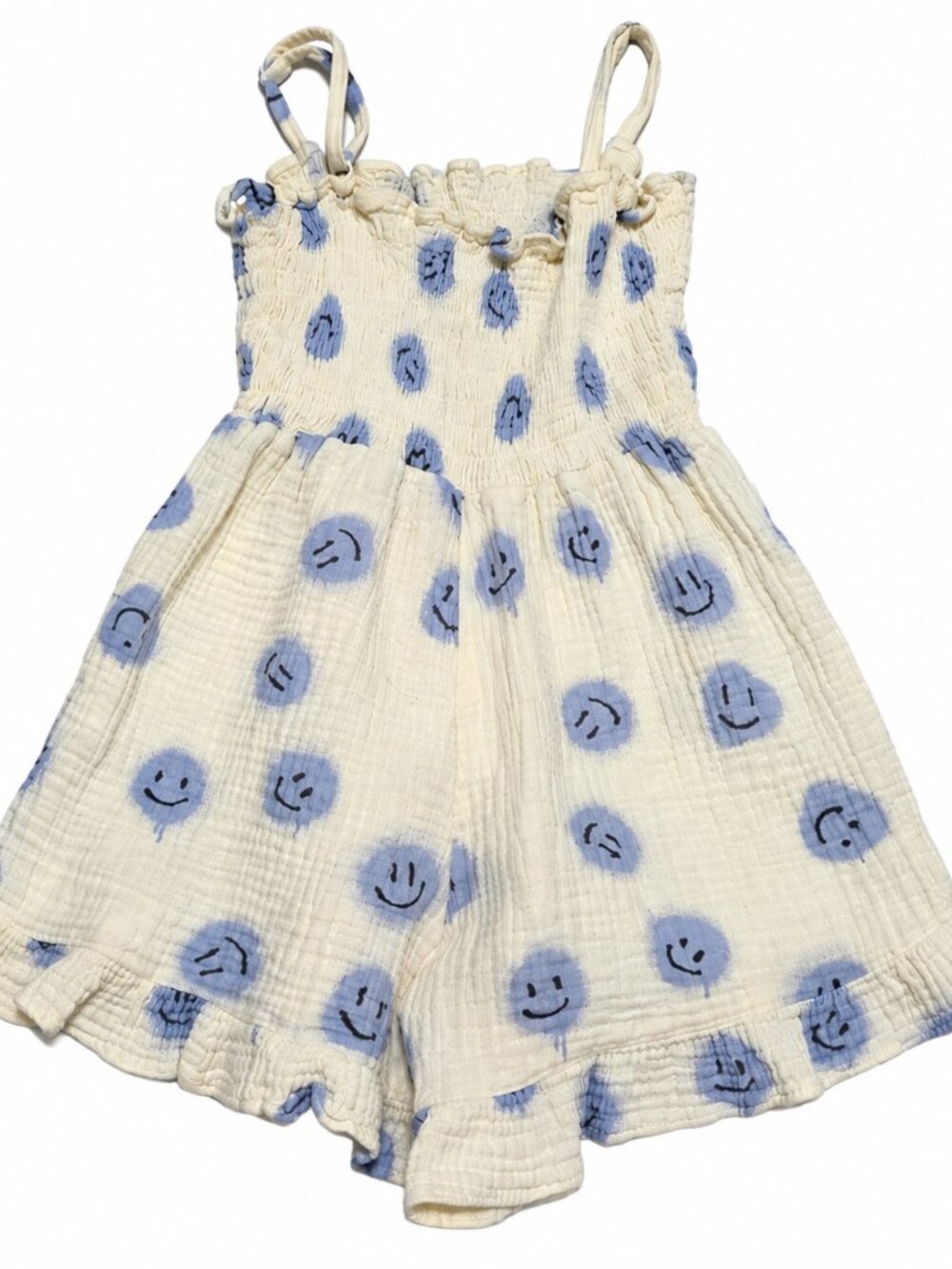 Molo Girls Smiley Face Print Romper Size 110/116 US 5-6 Cream Blue Smocked